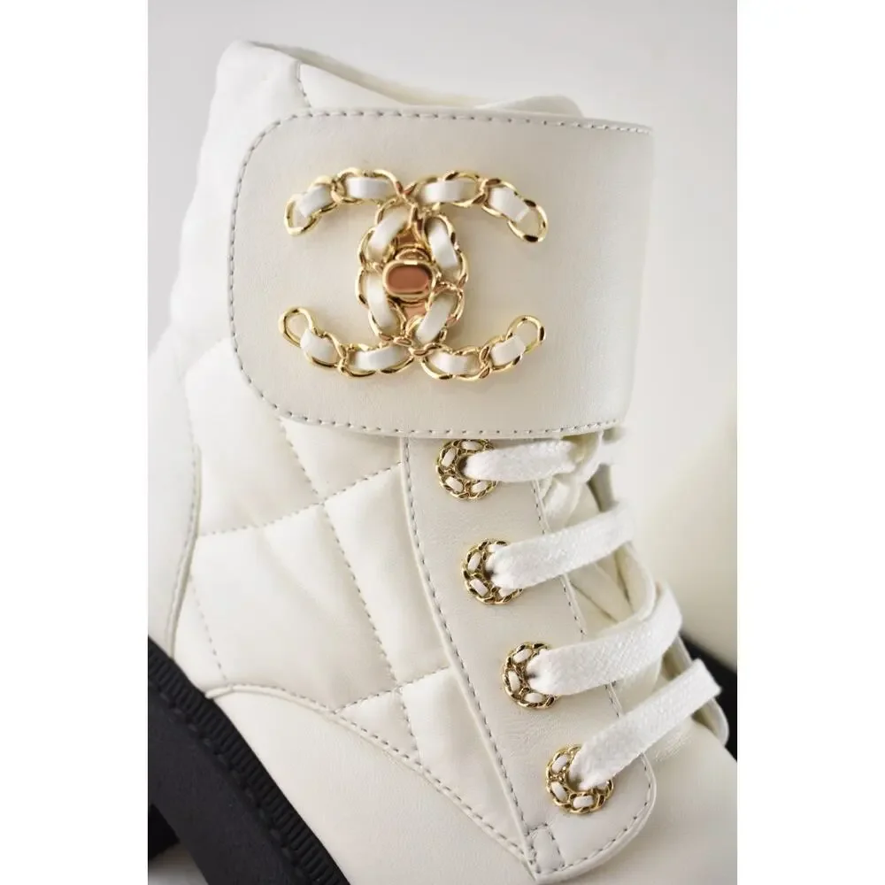 Chanel 24B White Quilt Gold CC Chain Combat Black Platform Ankle Short Boots 37c - Picture 7 of 16